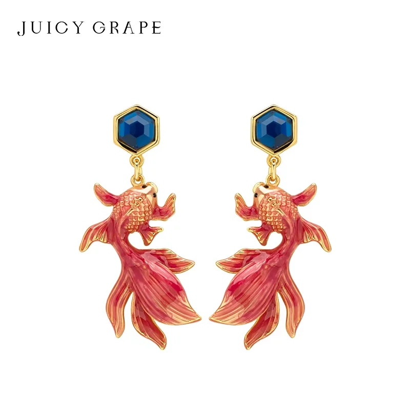 

Juicy Grape Red Goldfish Earrings 925 silver handmade earrings for women Original Design Enamel Goldfish Earring Special Gifts