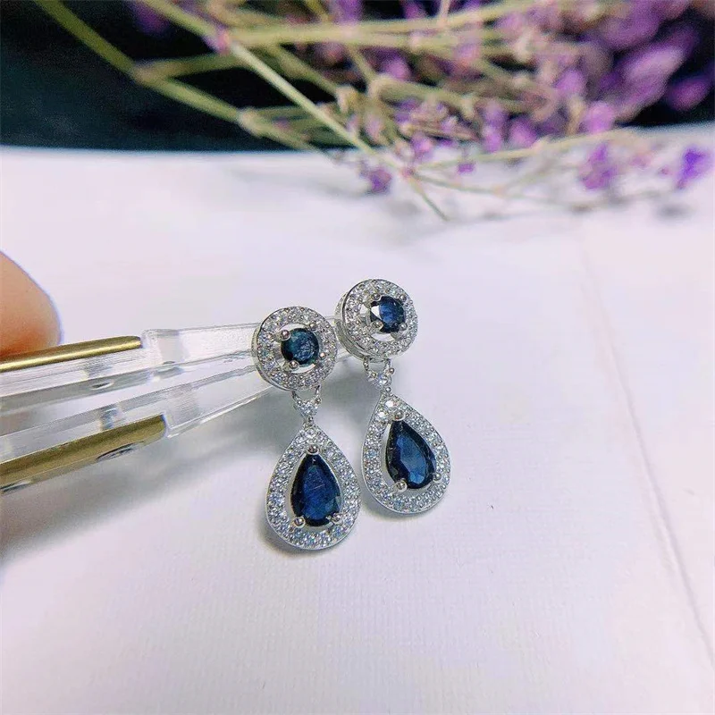 Natural Original Sapphire Drop Earrings 925 Silver Real Gemstone Earrings for Women with Certificate