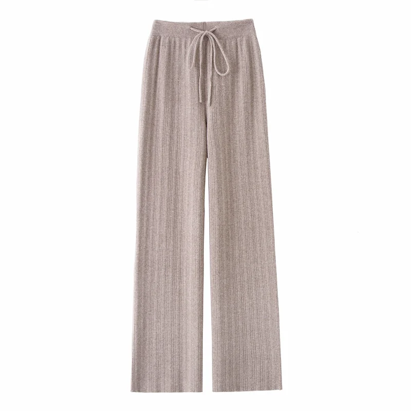 2022 New Autumn Winter Women 100% Pure Wool Pants Soft Waxy Comfortable High-Waist Knitted Female Loose Thicken Wide Leg Pants