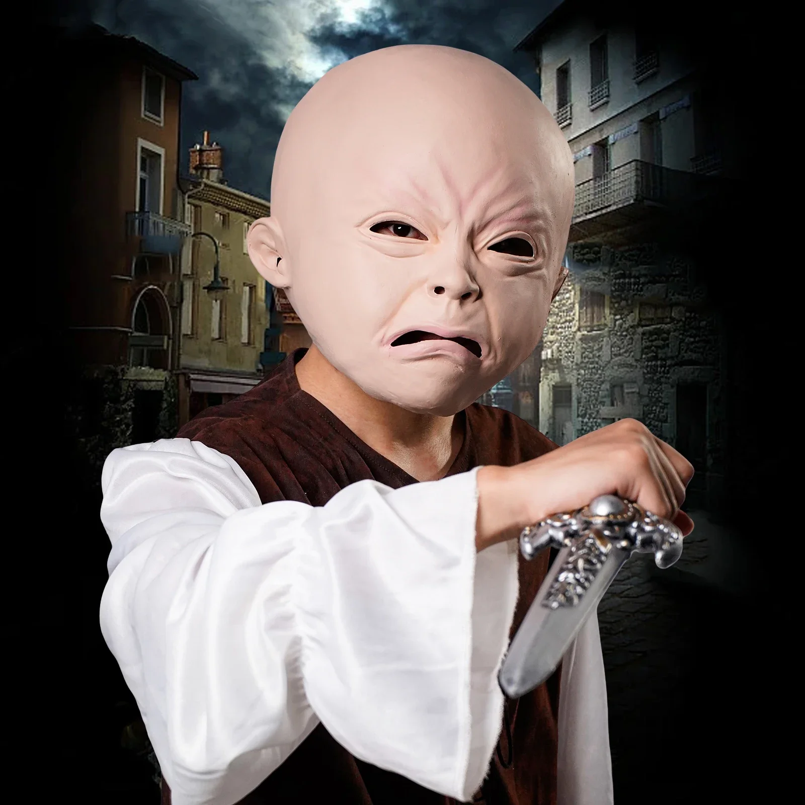 2025 الهالوين Coiffe de poupée Realiste avec visage qui pleure، masque effrayant pour Halloween، التعبير السعيدة وممتعة