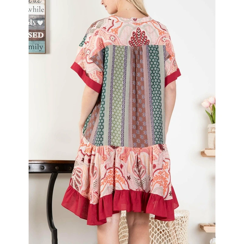 Combhasaki ผู้หญิงฤดูร้อน Boho Vintage Floral พิมพ์ Contrast สี Batwing แขนสั้น V คอ Ruffle Hem หลวมชุดมินิสั้น