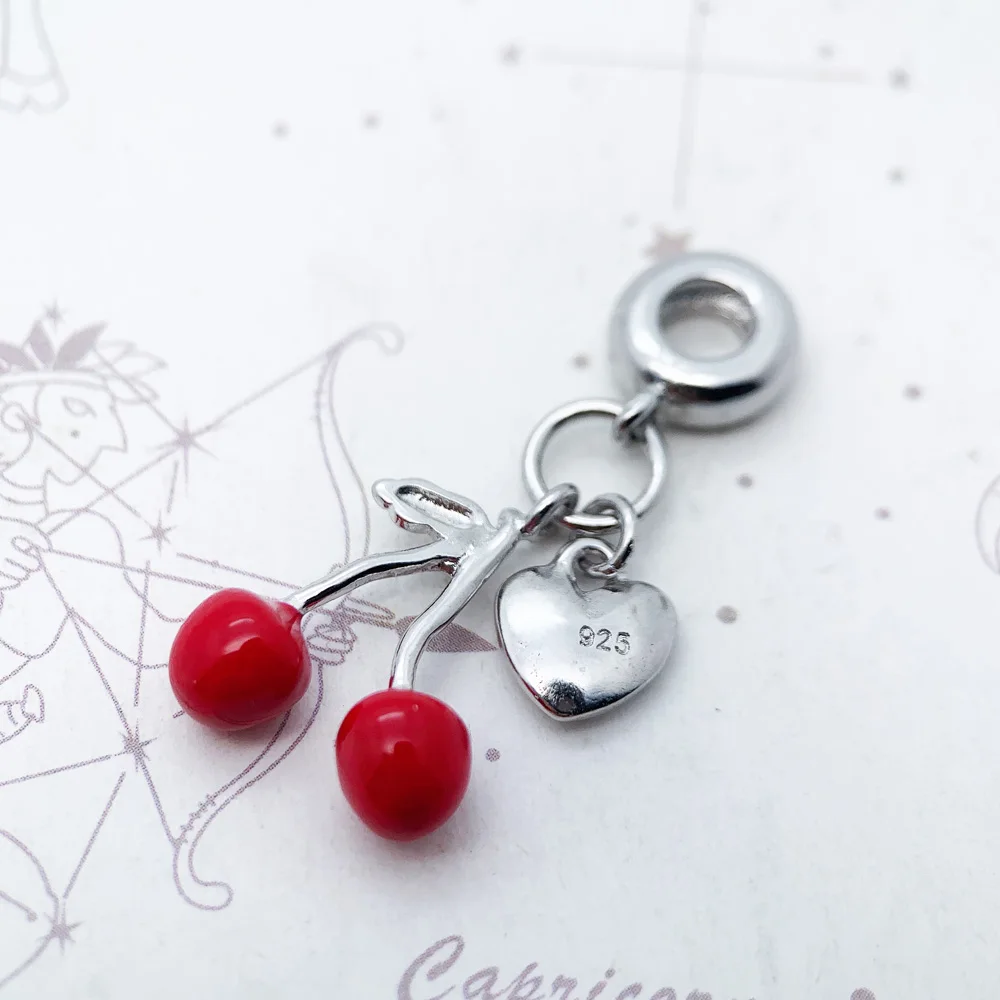 Kirschen mit Herz Anhänger Charm für Damen Sommer Brandneuer Süßer Schmuck 925 Sterling Silber Romantisches Liebesgeschenk – Detail 7