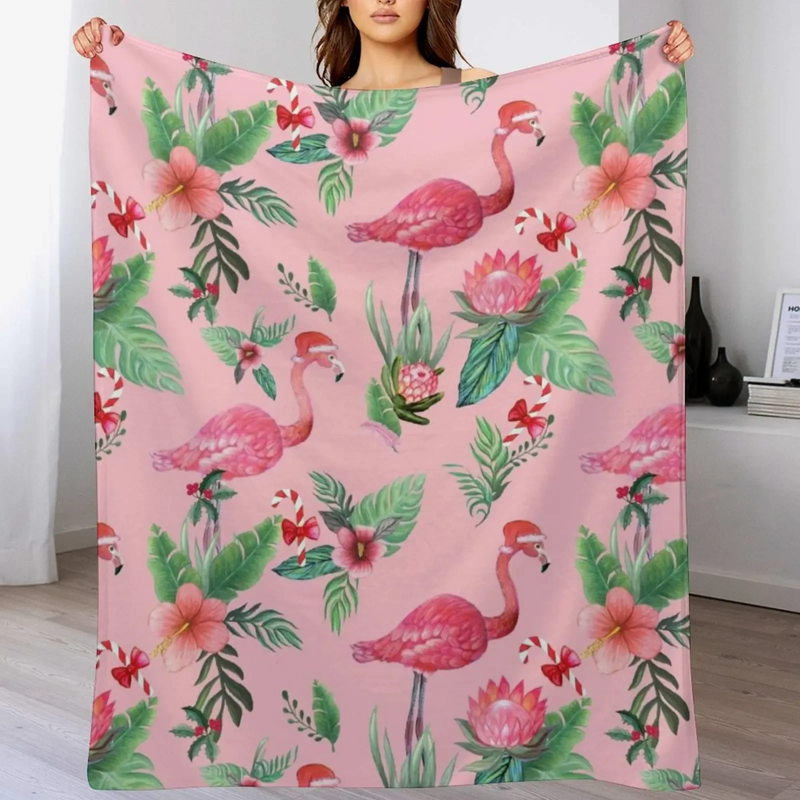 Manta navideña con diseño de flamenco y Papá Noel en rosa con bastones de caramelo / Manta navideña tropical para primavera y otoño, manta acogedora para sofá