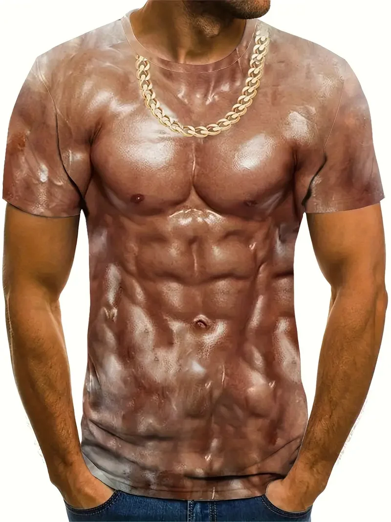 3D Digital Muscular Male Body Pattern Crew Neck And Short Sleeve T-shirt Novel And Stylish Summer Tops For Outdoors Casual Tops image 2