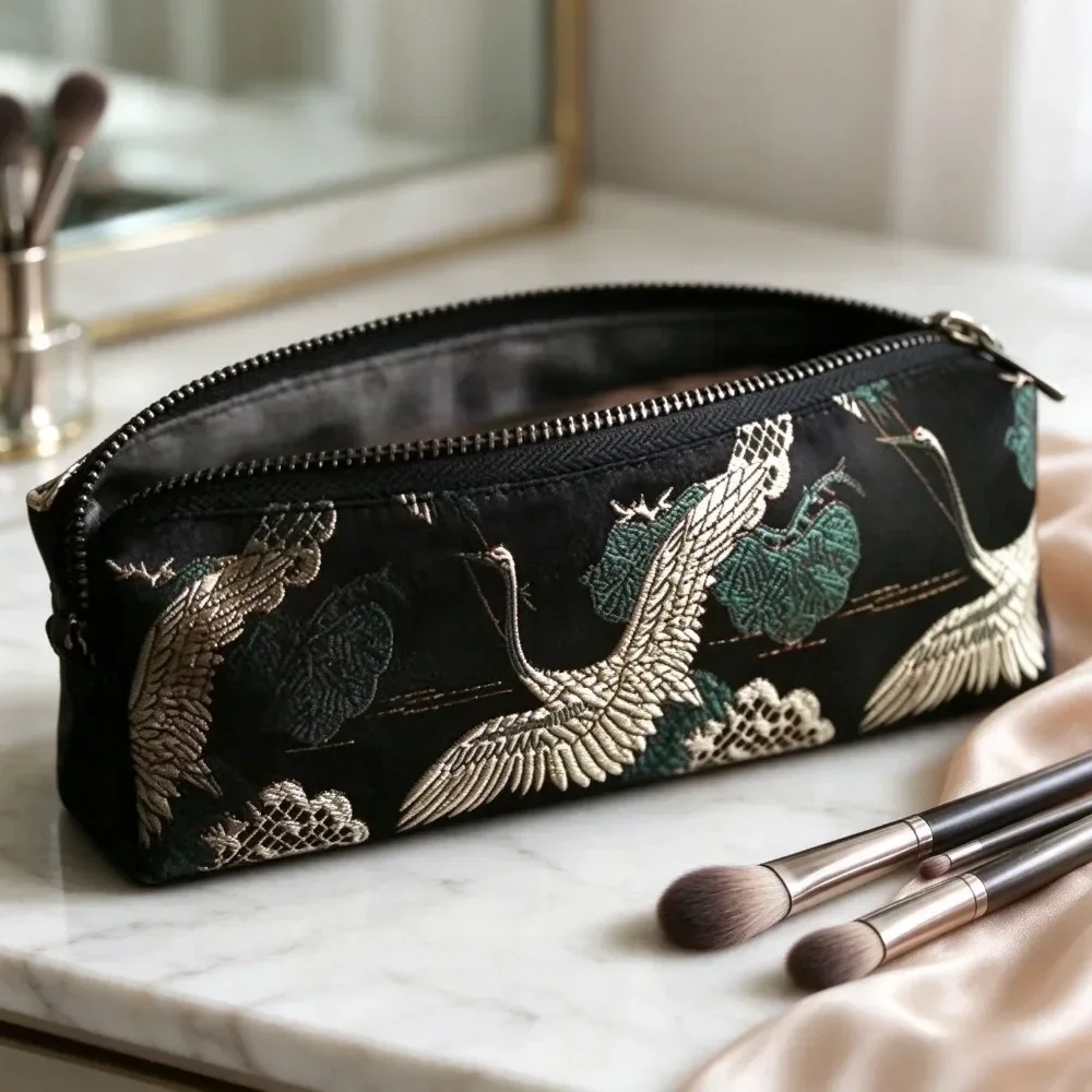 Retro Floral Brocade Pencil Case Japanese Style Zipper Pen Bag Small Cosmetic Makeup Pouch Coin Purse Storage Bag for Women