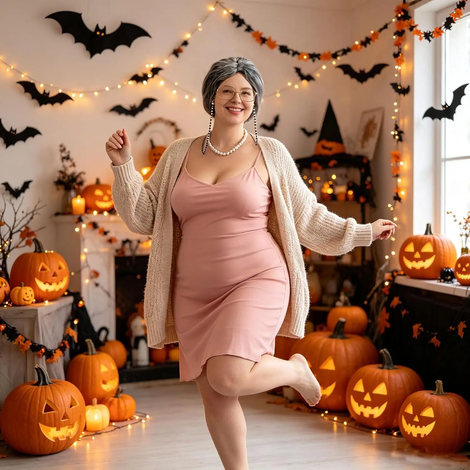 Fat Old Lady Costume Set Fake Belly and Chest Fat Suit for Adults with Grey Wig, Pearl Necklace Glasses Funny Halloween Costume - view 6