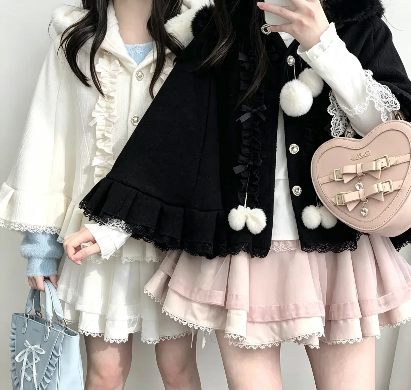 Original Autumn Winter Hooded Cape Coat Young Girls Thicken Fleece Princess Cloak Cute Bow Diamonds Love Elegant Lolita Coats