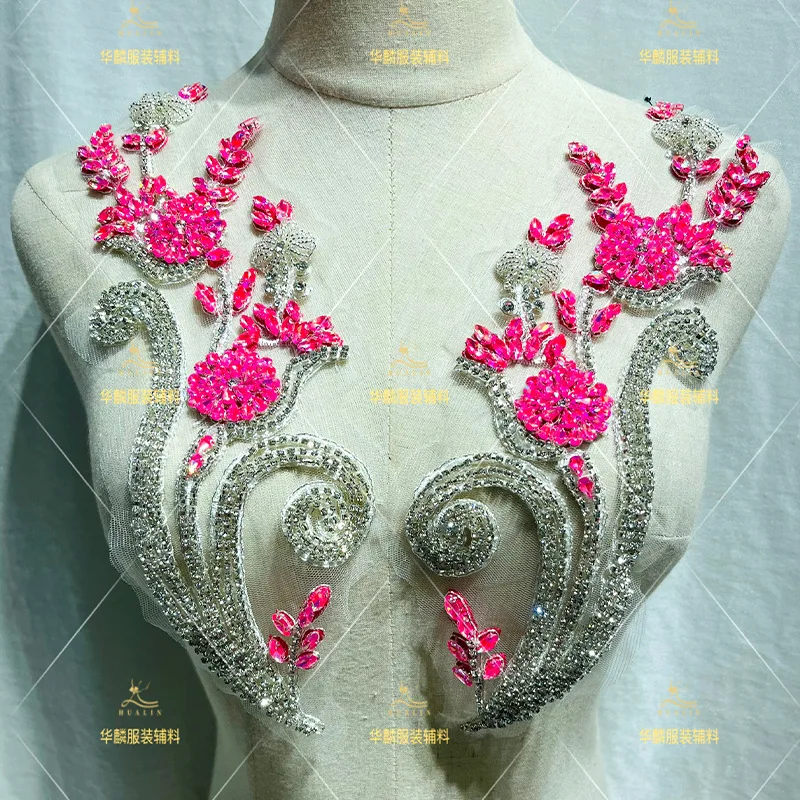 

1pair Luxury Crystal flower beaded Rhinestone & Lace Appliques,Embroidered Collar and Full Set Trims forEvening Gown