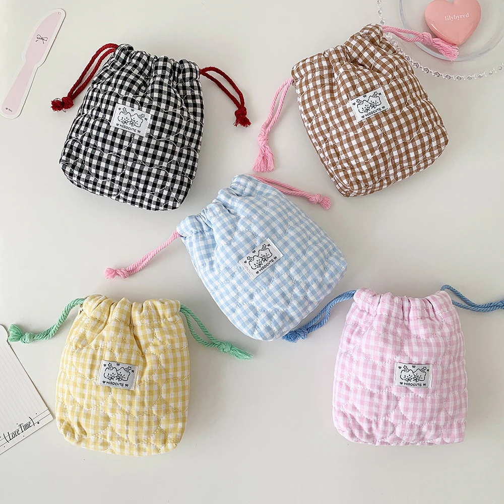 New Fashion Simple Checkered Love Drawstring Makeup Bag Cute Girls Large Capacity Portable Travel Storage Washbag Women's Gifts
