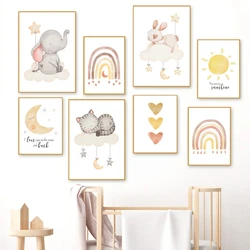 Elephant Rabbit Cat Wall Art Canvas Painting  Sun Rainbow Moon Star Cloud Boho Posters And Prints Wall Pictures Kids Room Decor