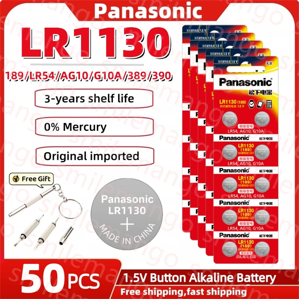 

50 шт., щелочные кнопочные батарейки Panasonic 189 LR1130 AG10 SR1130 389 LR54 SR54 1,5 V для быстрого игрушечного термометра