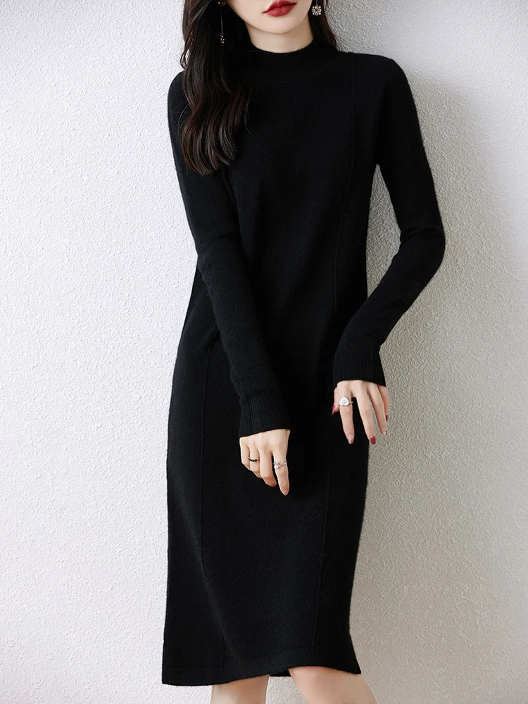 Women\'s Cashmere Sweater Dress, 100 Pure Wool, Long, Semi-Turtle Neck, Skirt, Loose, Autumn, Winter