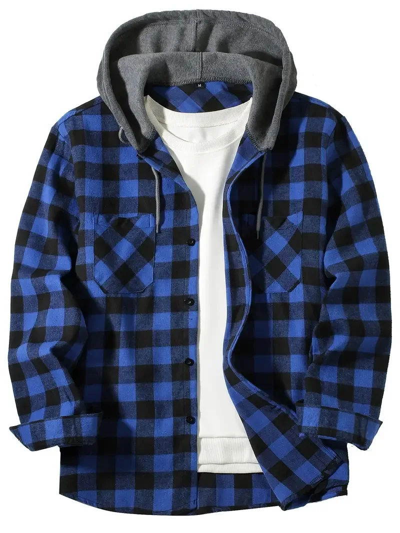 New fleece plaid casual hooded shirt double pockets hooded long-sleeved shirt for men spring and autumn jacket