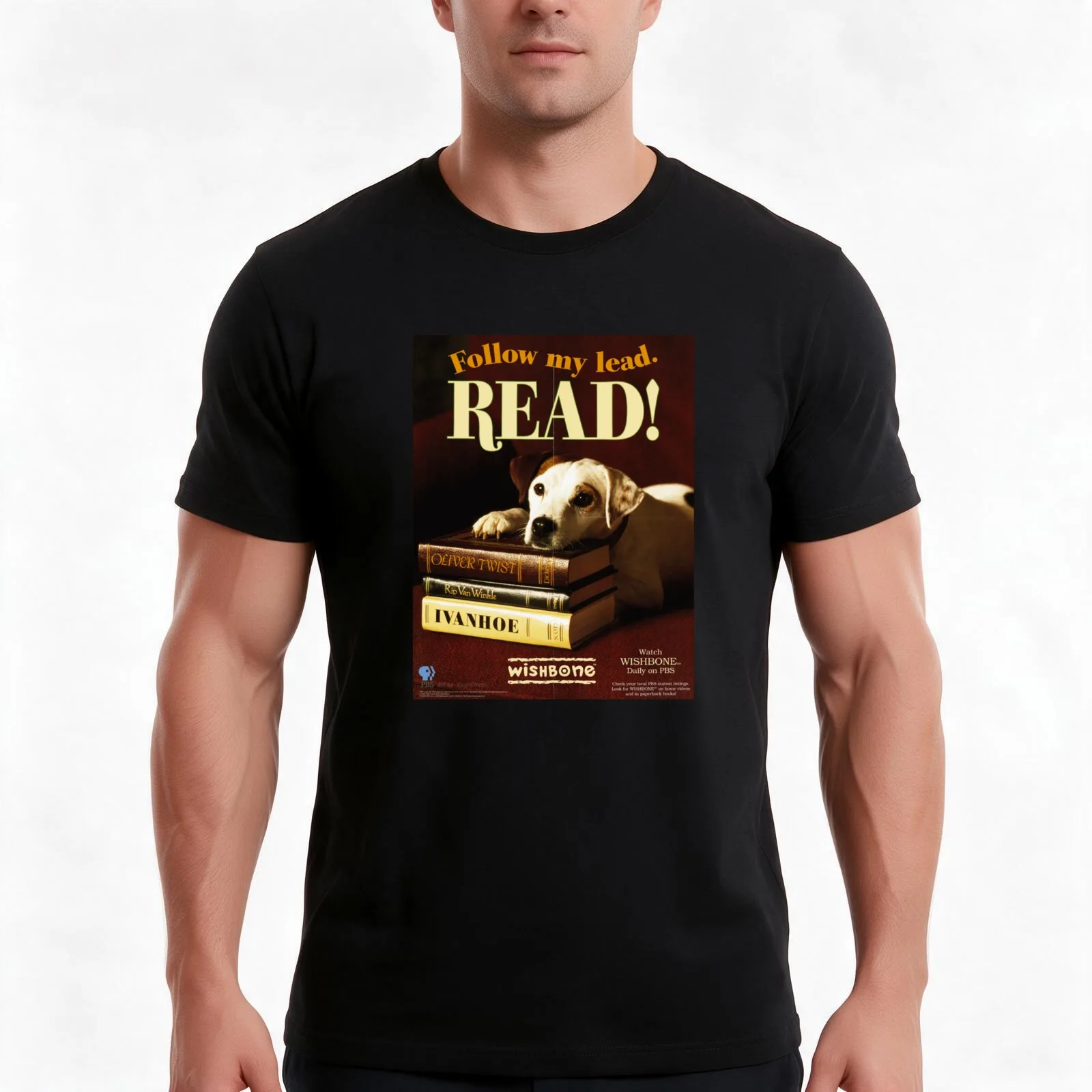 Wishbone dog READ T-Shirt, Summer Casual Cotton Tee, Oversized Streetwear Tops, Vintage Graphic Print, Loose Fit Short Sleeve