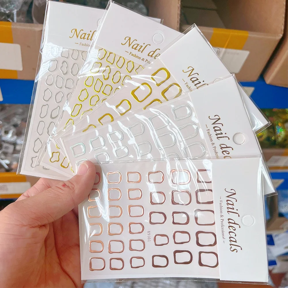 1Pc Gold Silver Irregular Metal Frame Nail Stickers 3D Bronzing Geometric Square Adhesive Decals Y2K Nail Art Decoration Sliders