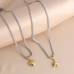 FLOLA Polish Small Gold Plated Heart Necklaces for Women Star Silver Color Tennis Chain Necklaces Simple Jewelry Gifts nkeq91