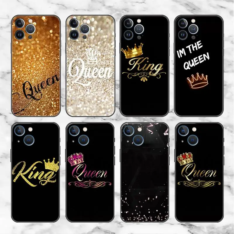 Golden King Queen Case For Apple iPhone 11 15 13 14 Pro Max 12 Plus X 15Pro Black Silicone Phone Coque