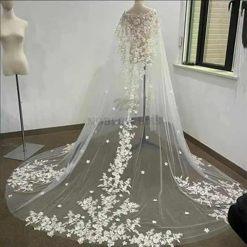 Elegant Customized 2 Layers With Floral Appliques Lace Cathedral  Wedding Veils with Comb 3M Long White Ivory 2 T Bridal Veils