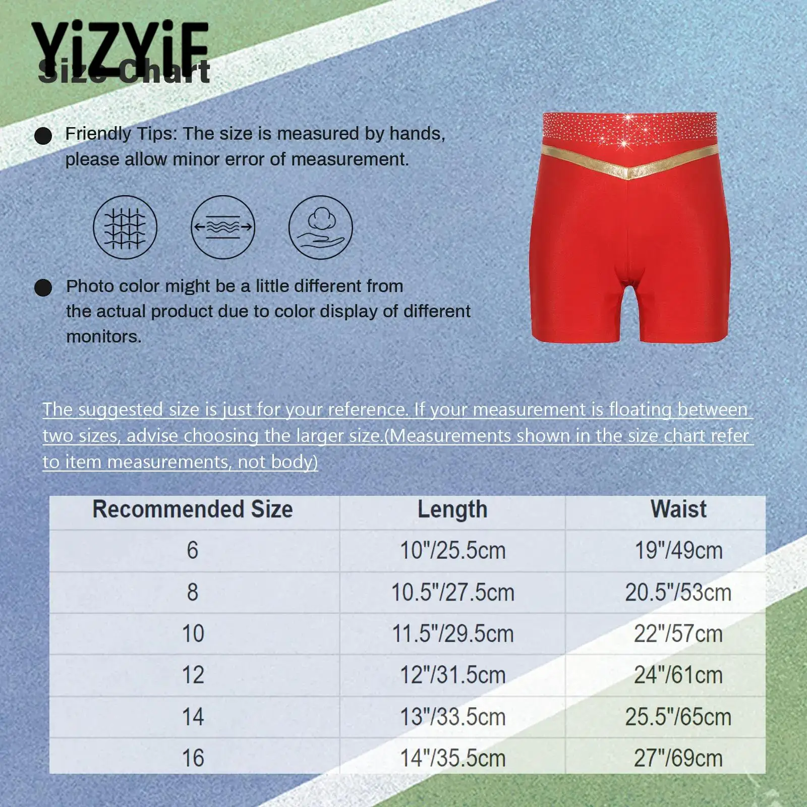 

Kids Girls Gymnastics Dance Shorts Costume Metallic Trim Shiny Rhinestones Elastic Waistband for Training Stage Performance
