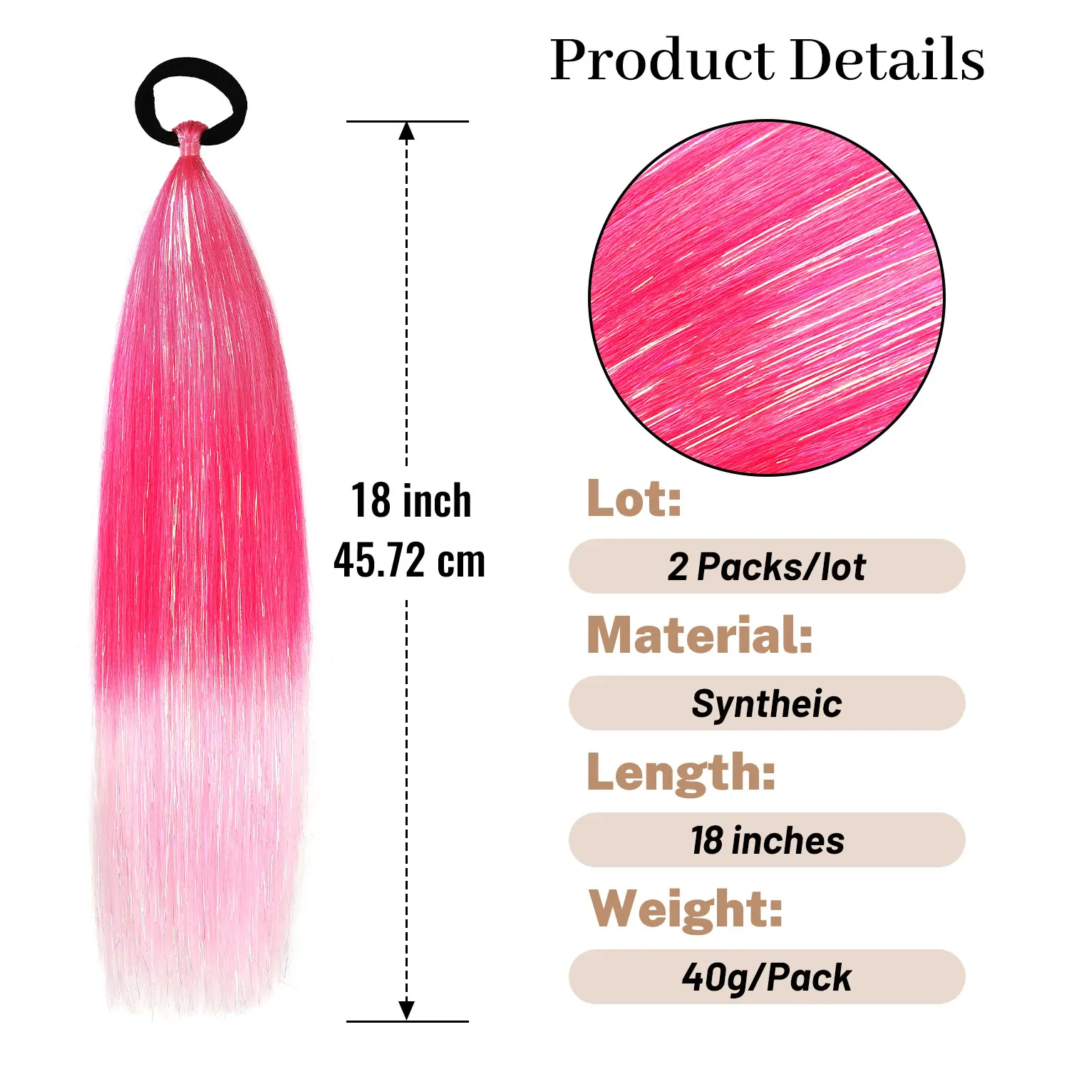 2pcs/set Synthetic Tinsel Ponytail Hair Extensions with hair tie Ombre PinkRave Braids for Women Daily Party Holiday Use