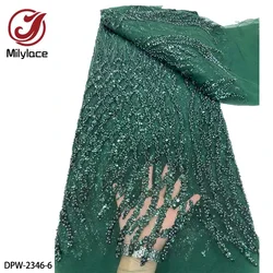 Deep Green Wedding Mesh Lace Fabric Gorgeous Handmade French Beads Tulle Laces Fabrics with Sequins DPW-2346