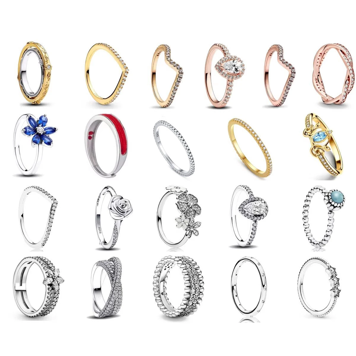 

925 Sterling Silver Red Pink Blue Green Heart Stone Size 6 7 8 9 Crown Rose Flower Ring Wedding Fashion High Jewelry For Women