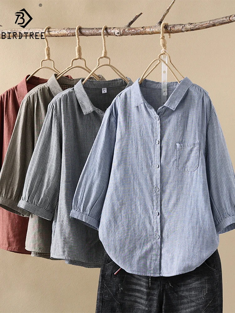 New Spring Cotton Casual Retro Shirt Women Short Sleeve Lapel Striped Top Girl OL Loose Office Blouses 2024 Summer T447111QM