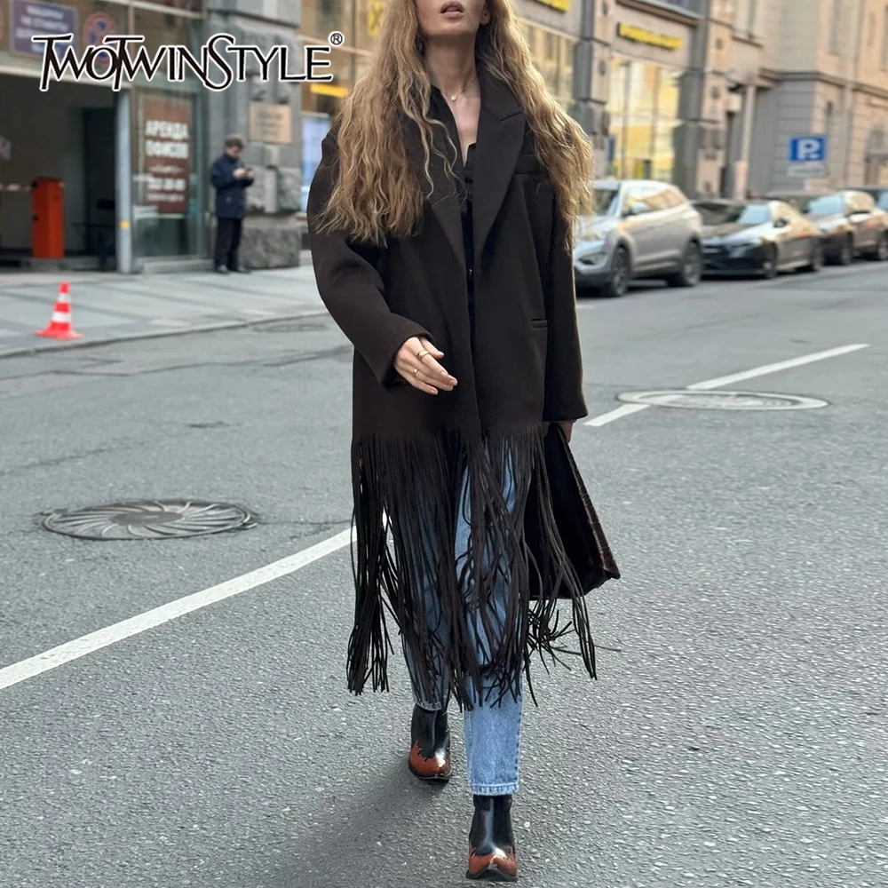 TWOTWINSTYLE Solid Spliced Tassel Coat for Women Lapel Long Sleeve High Waist Temperament Minimalist Trench Female Fashion New