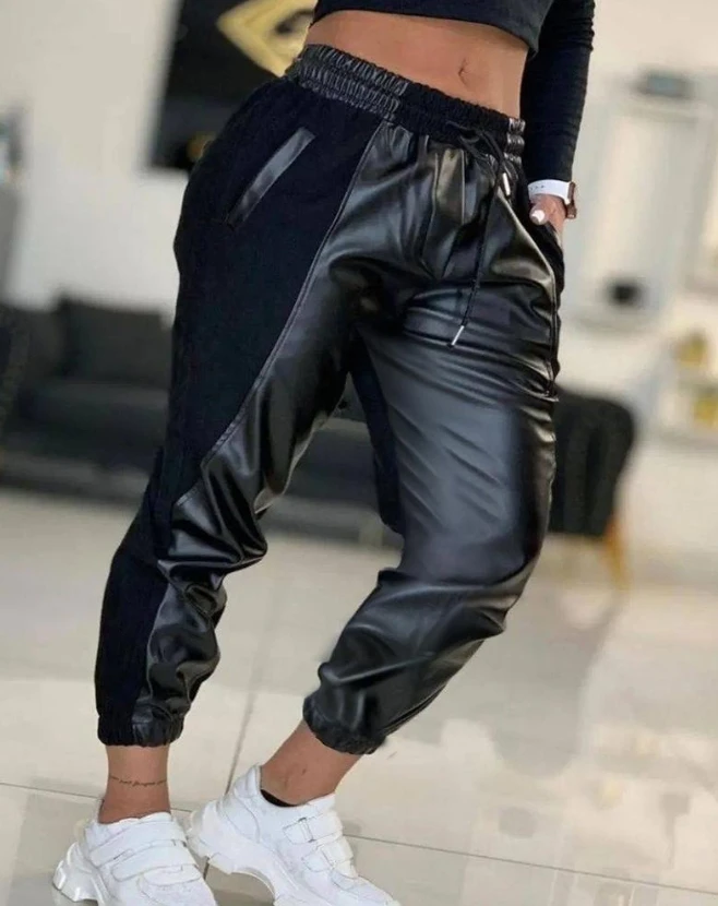 Pants, Leather Pants, Autumn 2023 New Hot Selling Fashion Casual Contrast Color Pu Leather Drawstring Cuffed Leggings