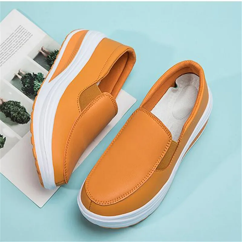 Women's Shoes Spring Genuine Leather Soft Outsole Work Shoes Female Black Swing Shoes Woman Plus Size Wedges Single Shoes2023