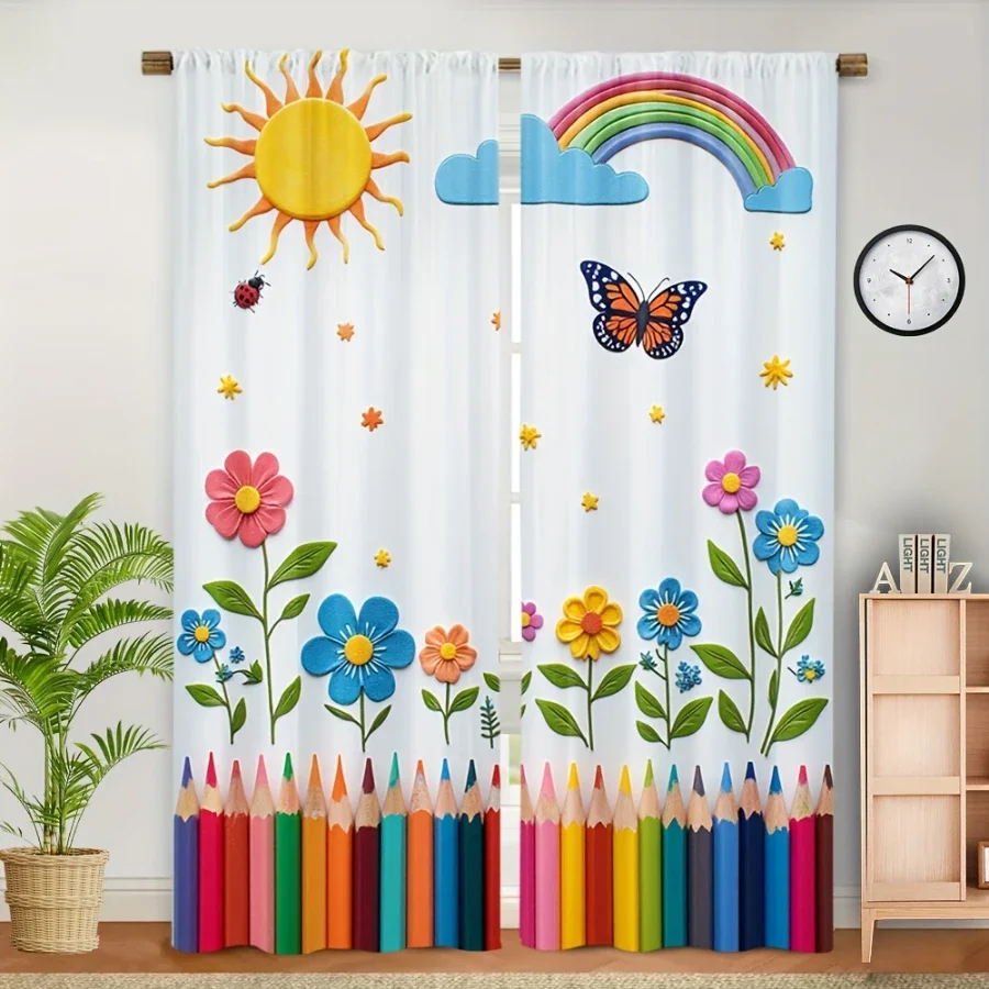 Kids Cartoon Rainbow Sun Butterfly Flower Pencil Print Nursery Curtains Light Filtering Window Drapes for Nursery Room Decor