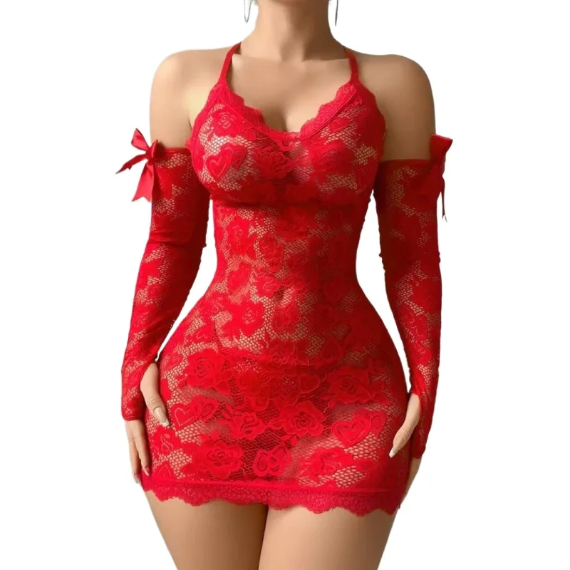 Women Sexy Lace Nightdress See-Through Underwear Suspender Dress With Long Gloves Suit Cut-Out Floral Embroidery Bodycon Dresses