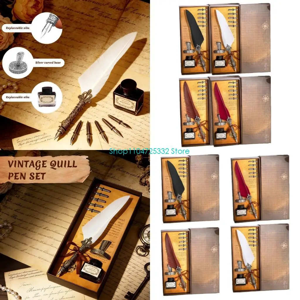 

P5EA Ретро перьевая ручка с многоразовой чернильницей и наконечниками 5 размеров, антикварная ручка с гусиным пером, подарочный