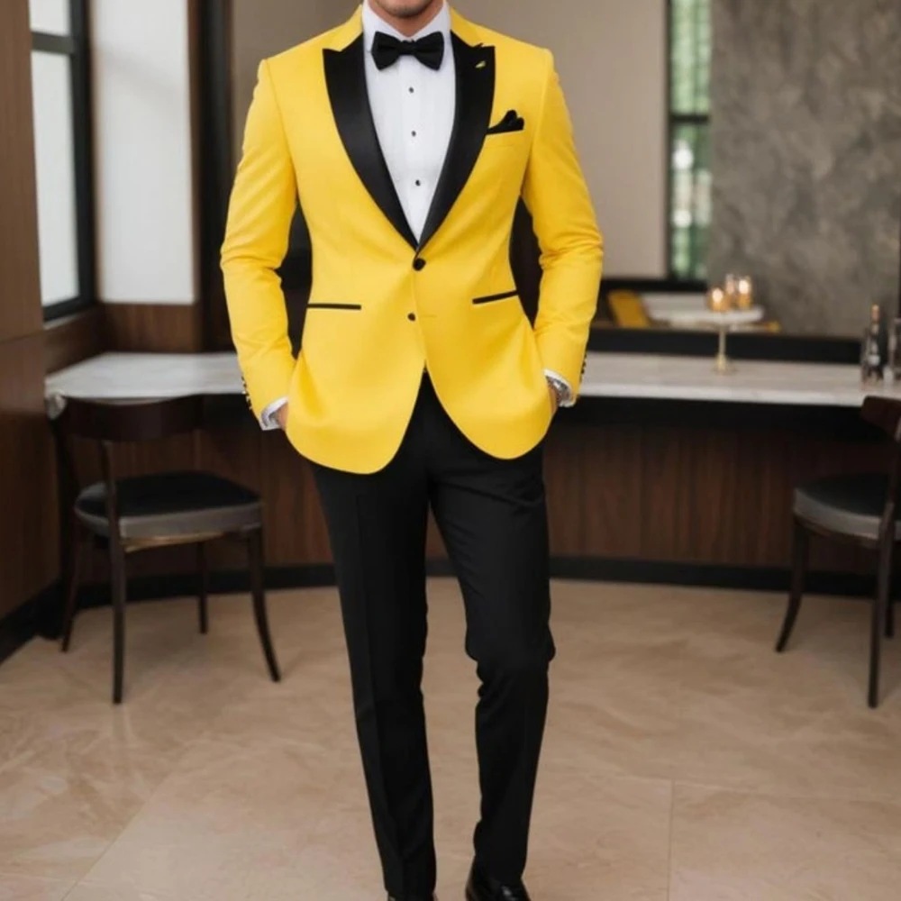 

New Design Men Suits Yellow Jacket Black Pants 2 Piece Blazer Single Breasted Peak Lapel Costume Homme High End Party Clothing