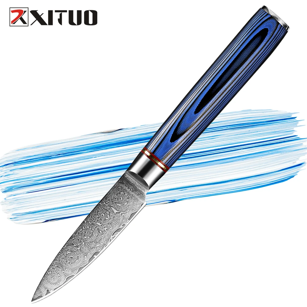 

Damascus Paring Knife 3.5 Inch Professional Japanese Utility Knife Blue G10 Handle Ultra Sharp Fruit Carving Knife Kitchen Cut