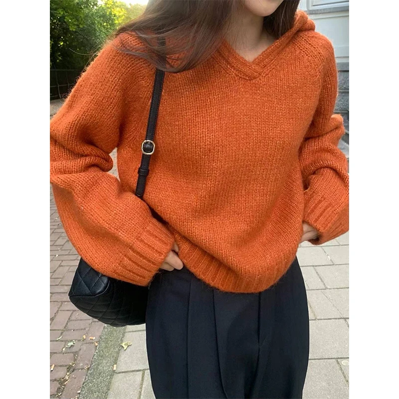 

Laid-ba East Gate 26 Autumn Color Hooded Loose Casual Long Sve Knitted Sweater Women's Sweet Sle ort Length