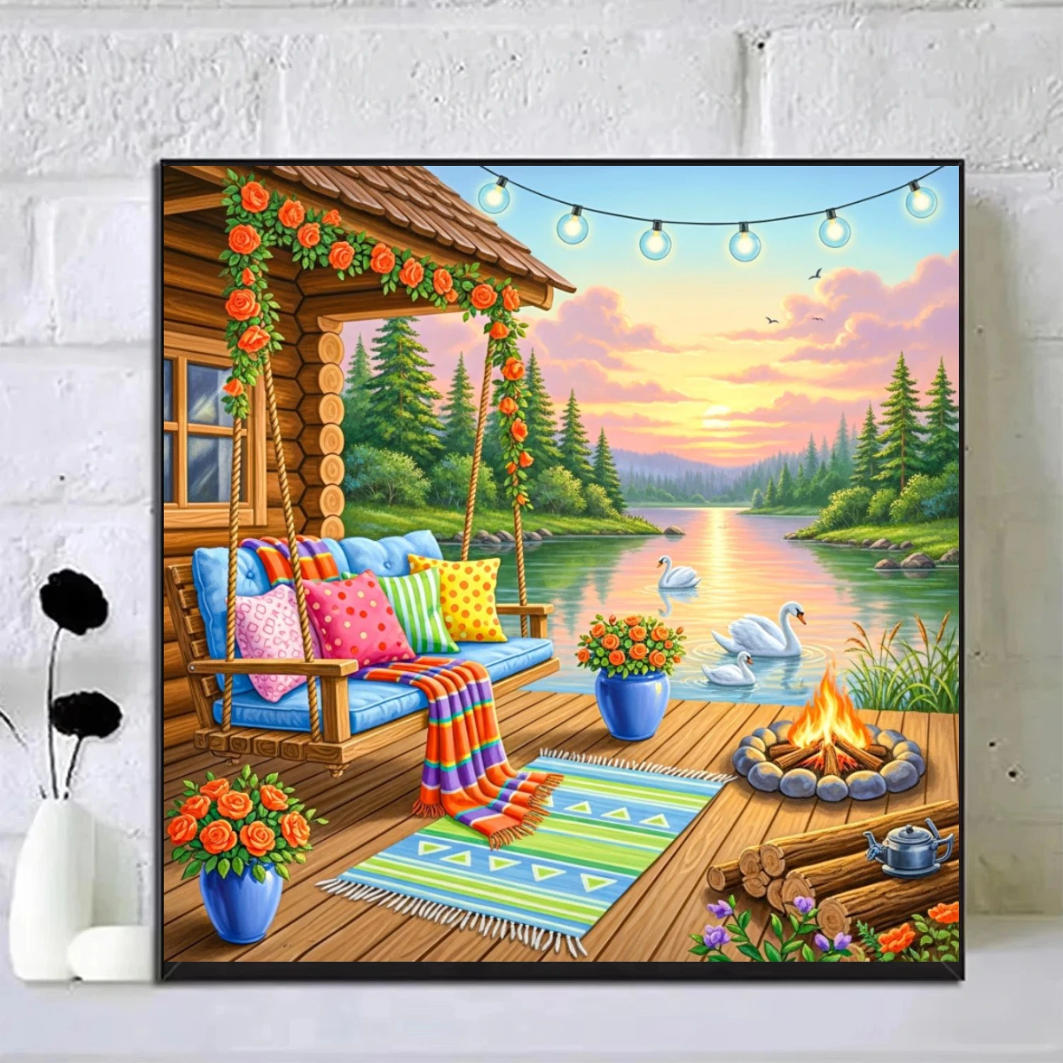 Cozy Wooden Cabin Porch Swing Scenery Oil Painting By Numbers Canvas Art Wall Decor for Living Room Handmade Gift Unframed