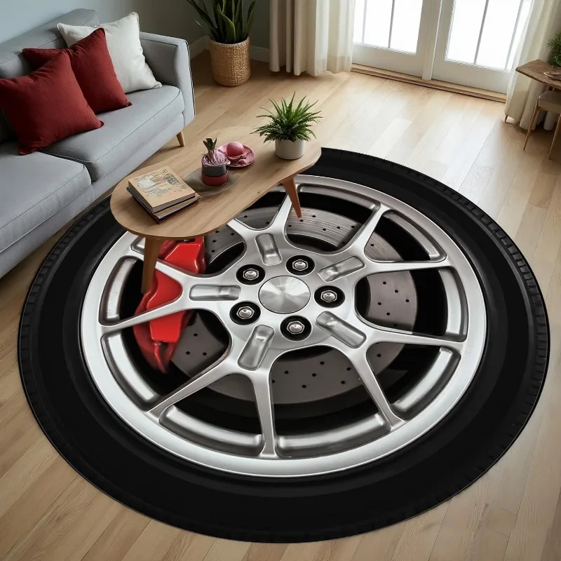 Circular Area Mat Modern Automotive Tuning Theme Silver Metallic Spokes Pattern Non Slip Ground Blanket for Gaming Room Garage