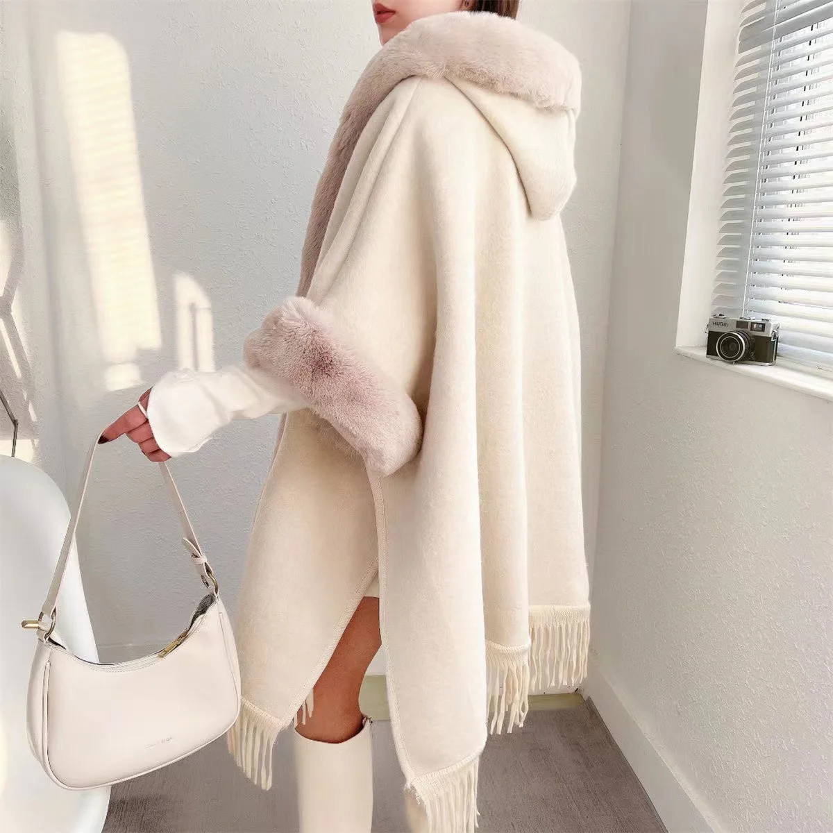 Women Winter Lining Velvet Thicken Knitted Loose Poncho Capes Tassel Cloak With Hat Fur Collar Warm Striped Long Streetwear Coat