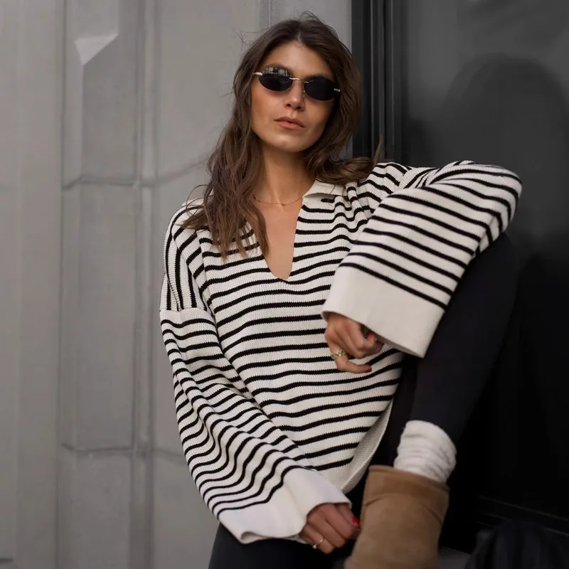 

Women's Autumn Winter Tops Sweater Pullover Knitted Striped Collar Vintage Simple Comfortable Loose Fashion Soft Niche Versatile