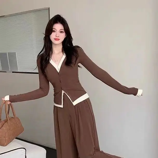 New Fashion Korean Style Design Suit Cardigan Top High Waist Slimming Wide Leg Pants Two-piece Set for Women