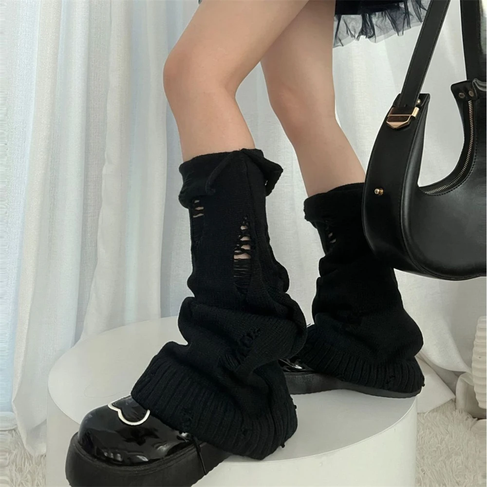 Japanese Elastic Knitted Leg Warmer Women's Solid Color Flip Ripped Hole Legwarmers Y2K Loose Wide Leg Flared Mid Calf Socks