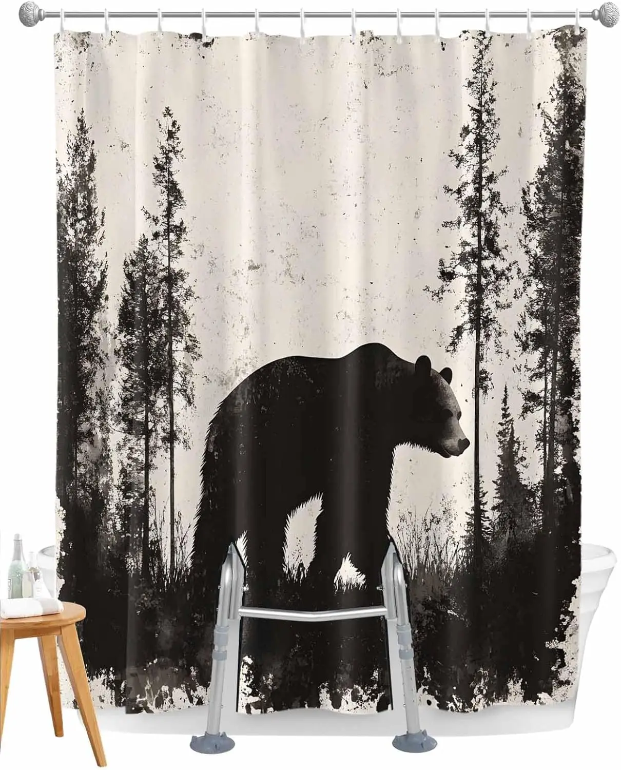 Split Shower Curtain for Transfer Bench, Black Bear Rustic Cabin Design, Waterproof Woodland Fabric with Hooks