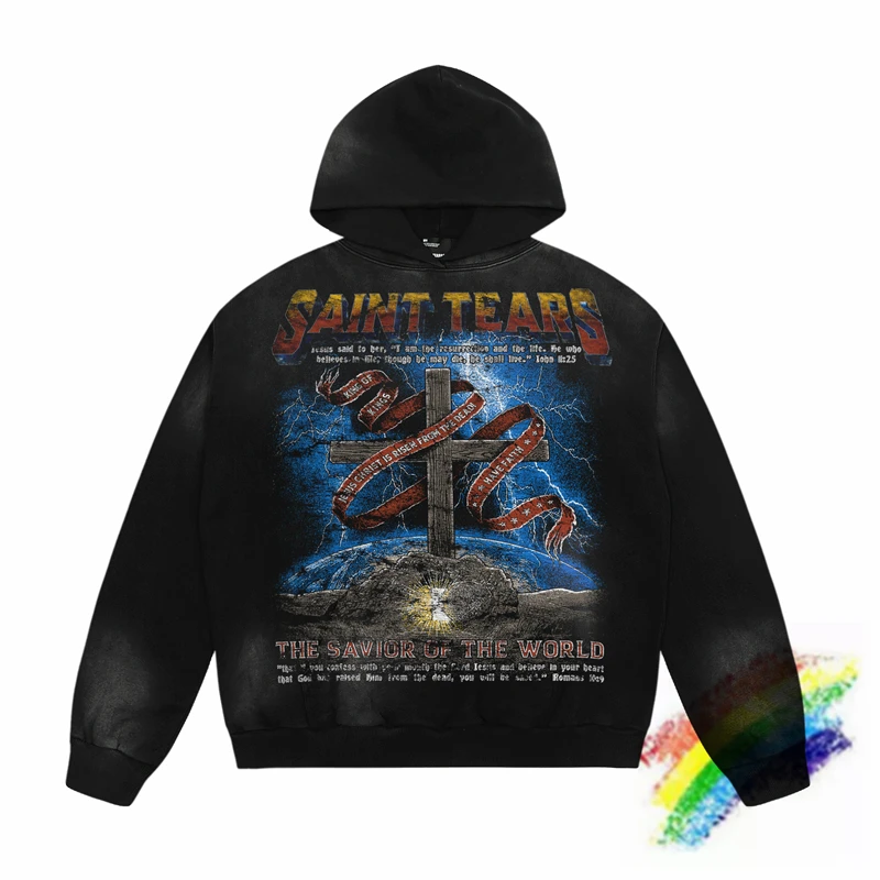 

Vintage Washed Saint Tears Hoodie Men Women 1:1 High Quality THE SAVIOR OF THE WORLD Pullovers