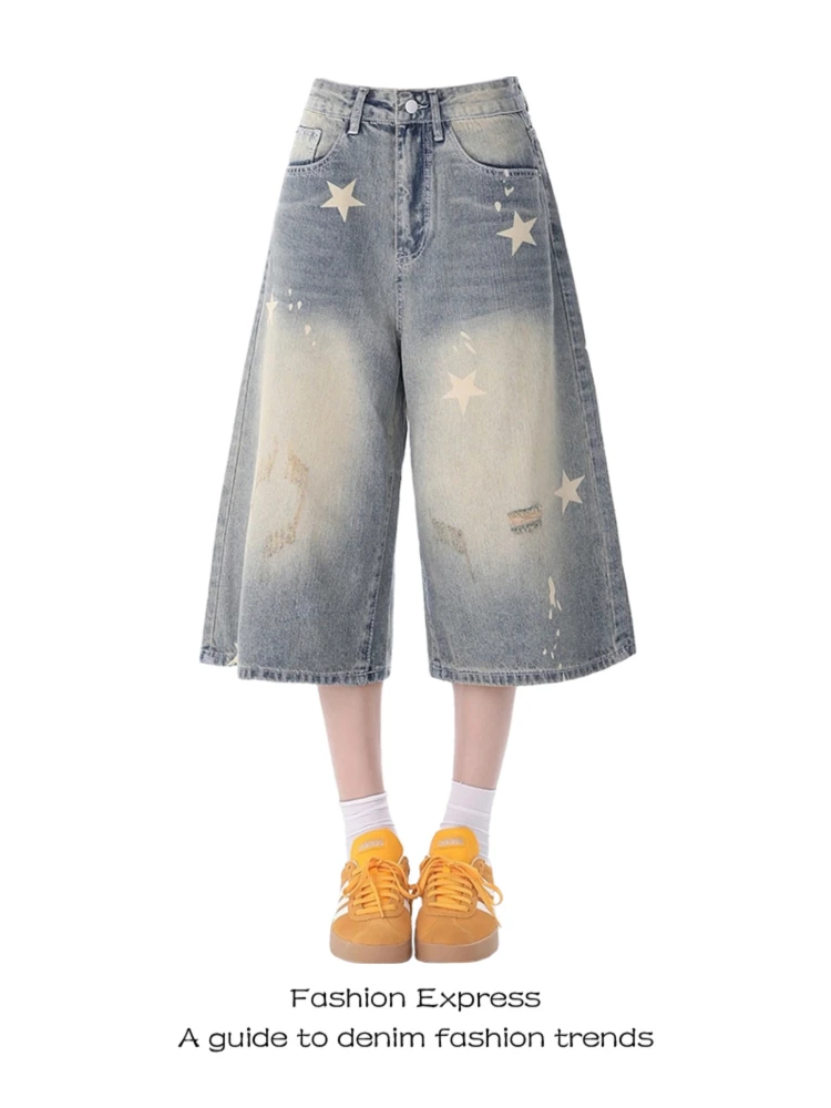 

American Sle Seven-Foot Pants Women's Summer New Vintage Star Print Hole Loose Straight Wide Leg Denim orts Casual High W...