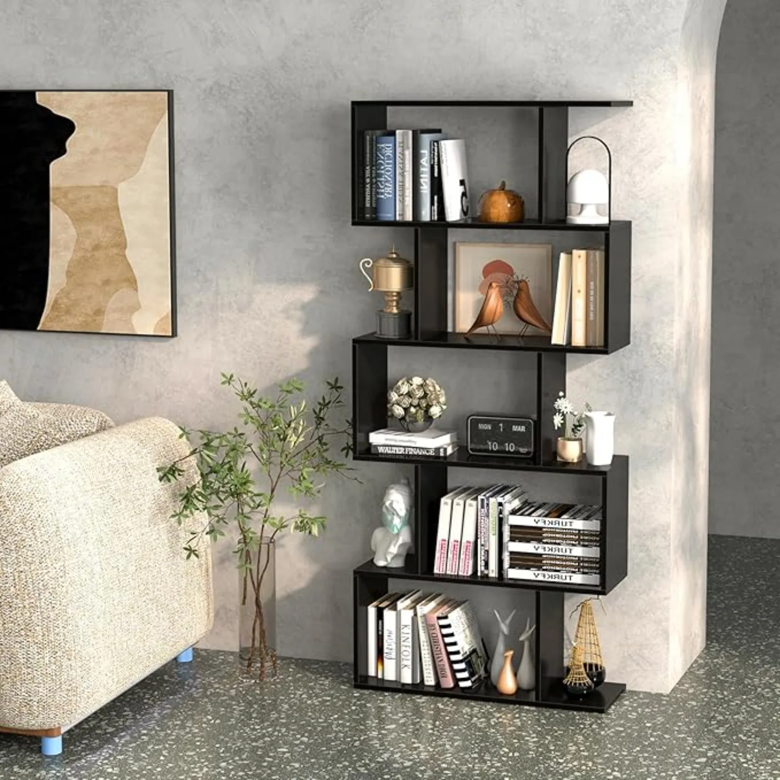 

kula 5-Tier Geometric Bookshel, S Shaped Bookcase w/Anti-Toppling Device, reestanding Room Divider, Industrial Home Oice Decor W