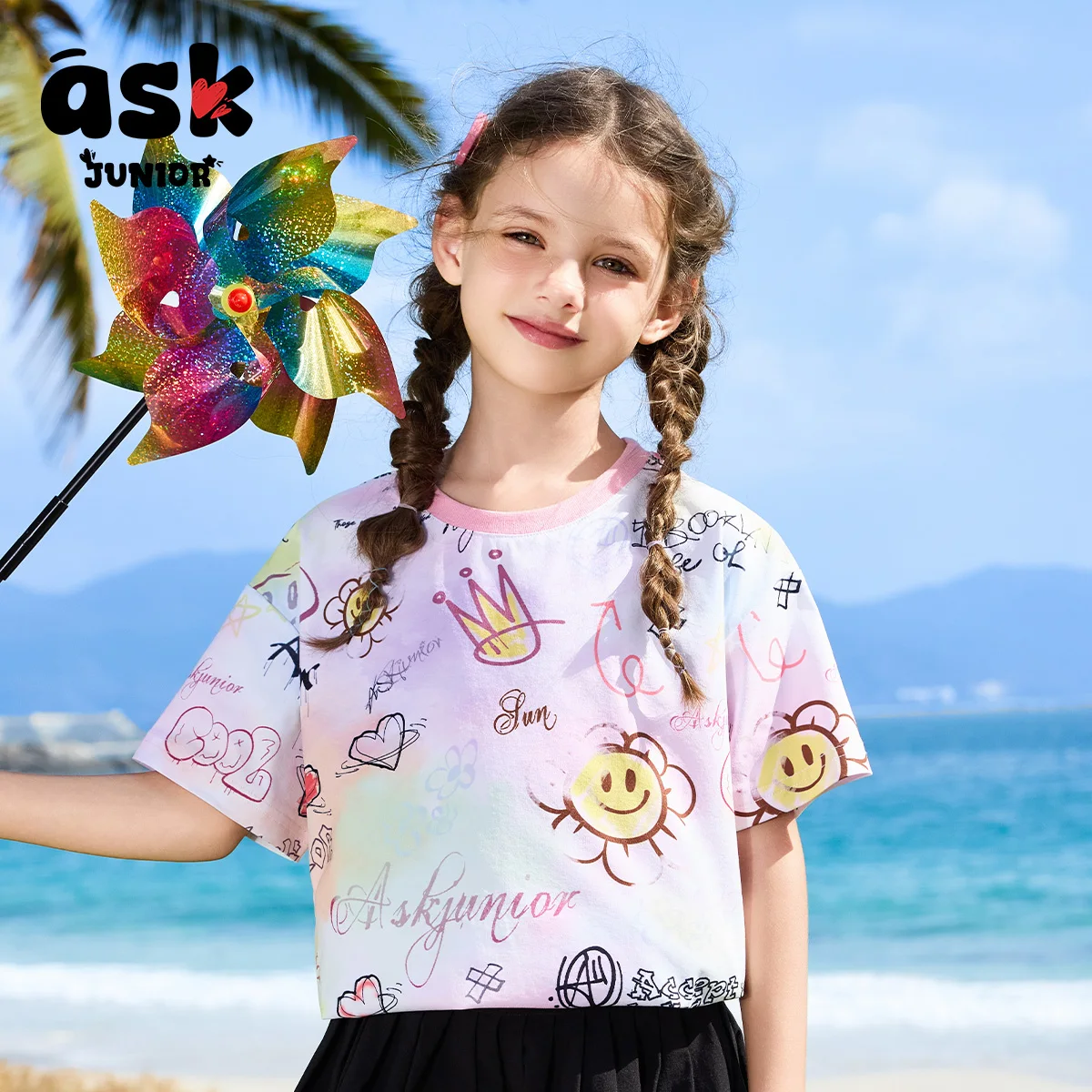 

Ask Junior Children Short Sleeve Summer Girls gradual change fun graffiti full print short sleeve T-shirt