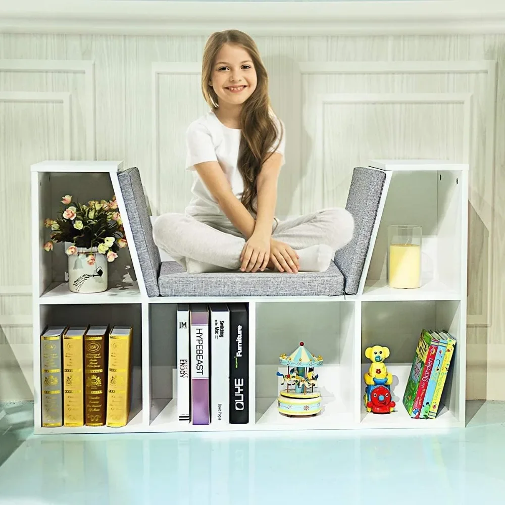 Bibliothèque pour enfants 6-Cubby avec coin de lecture baume, étagère d'armoire de rangement polyvalente, coussin souple et optique