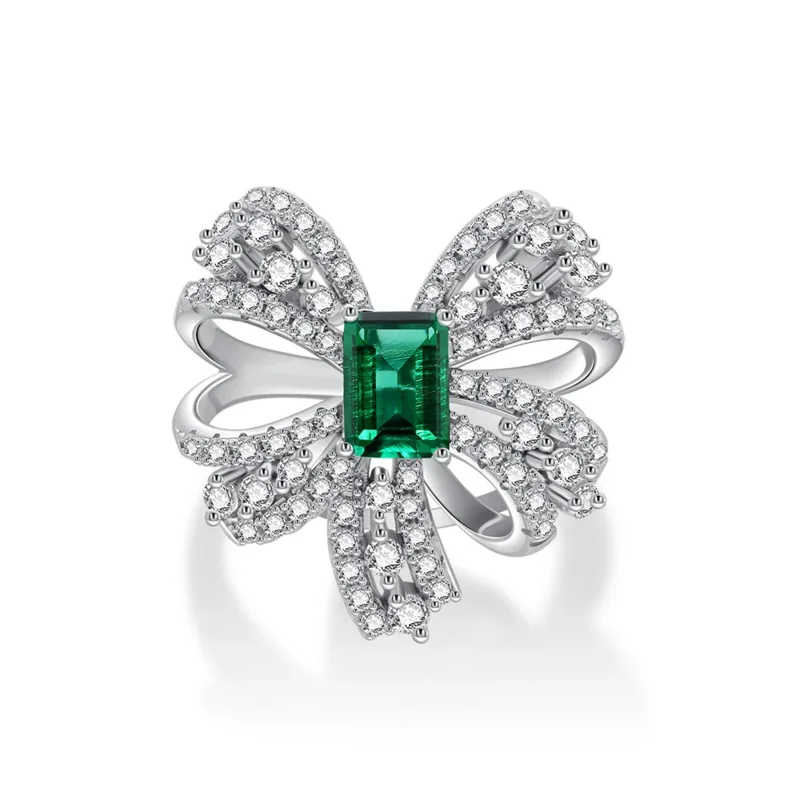 2024 New Bow 1ct Emerald 100% S925 Silver luxury surround studded with diamond rings Jewelry for Women