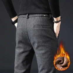 Winter Fleece Warm Casual Pants Men Brushed Fabric Business Work Fashion Slim Thick Flocking Velvet Cotton Black Trousers Male